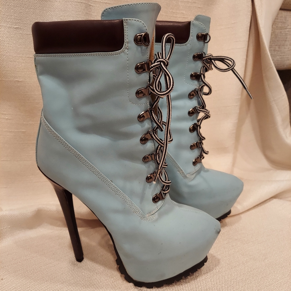 Platform booties, lace up, baby blue,  5in heel. Size 38
